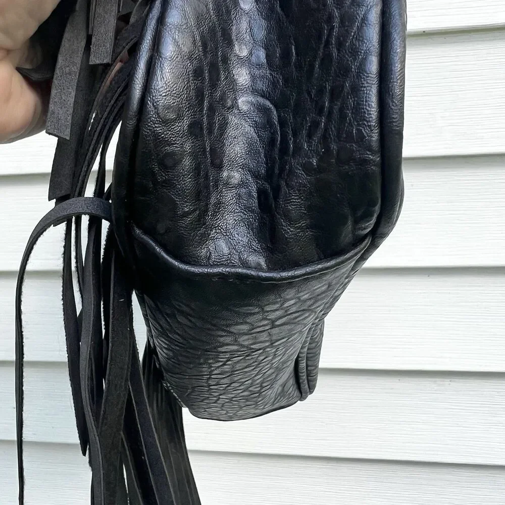 Rampage Black Boho Fringe Crossbody Bag Shoulder Purse Western Textured Pebble
